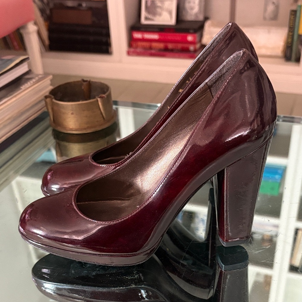 Stuart Weitzman Burgundy Patent High Block Heel Pumps